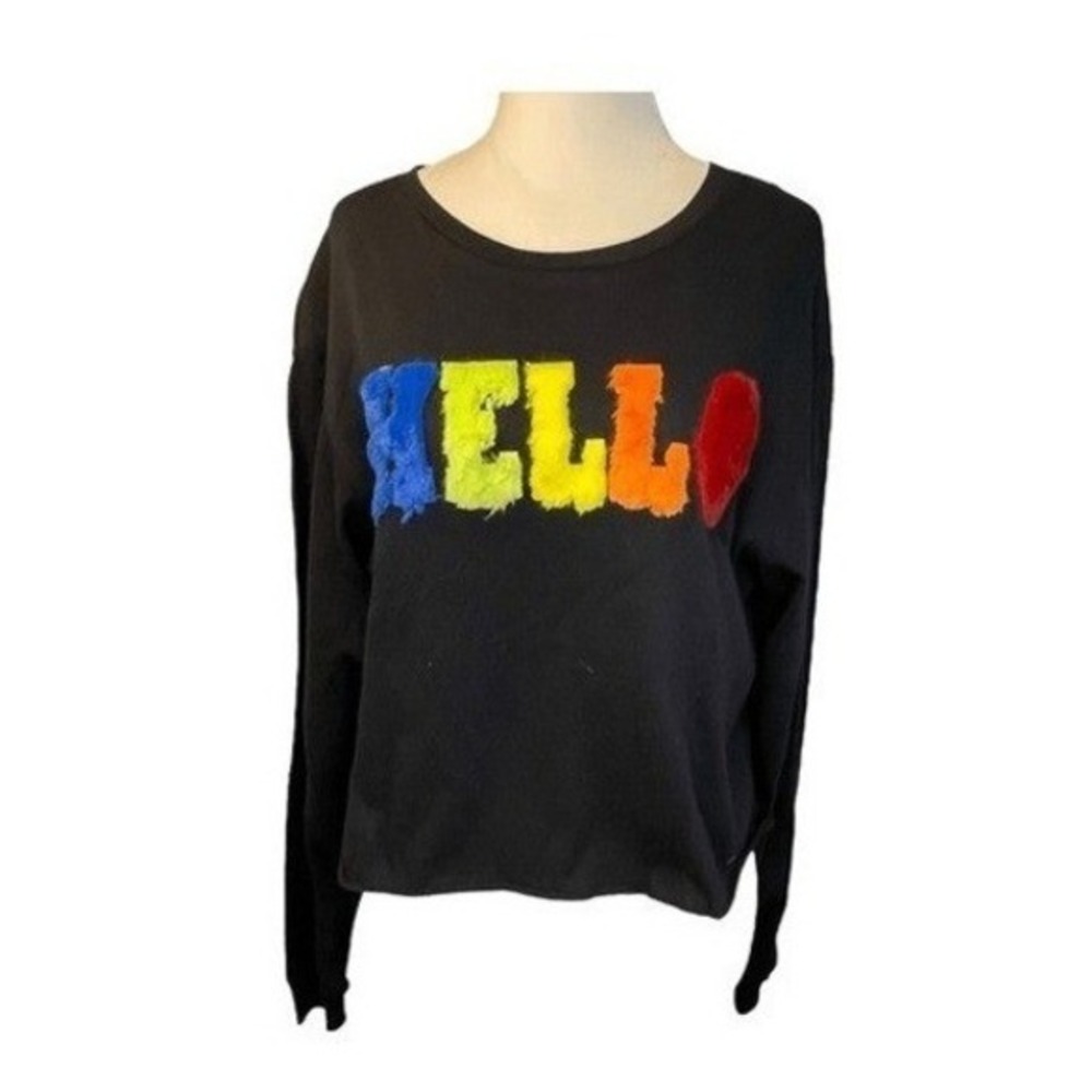 Enough About Me Rainbow Faux Fur Hello Tee‎ Black Knit Crewneck Long Sleeve M